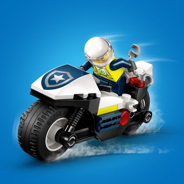 Toy police motorbike with wide tires for high-speed chases.