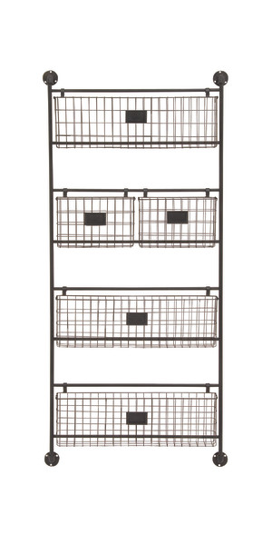 Industrial Wall Organizer with Two Label Slot Wire Bins & Five Hooks