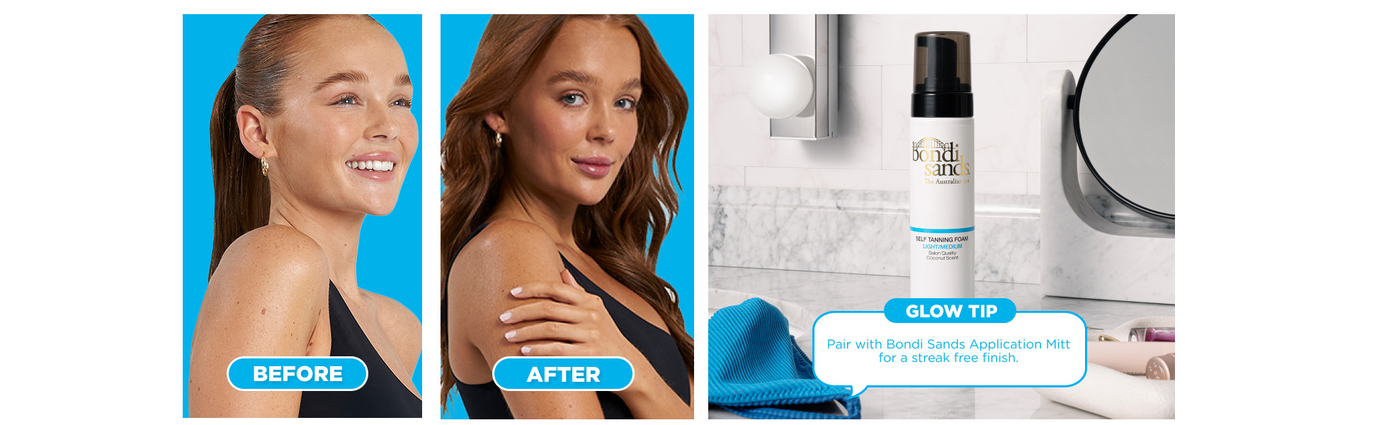 Before after image of a woman using Bondi Sands Self Tanning Foam.