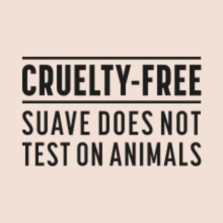 Text graphic reading 'Cruelty-Free - Suave Does Not Test on Animals' on a light pink background.