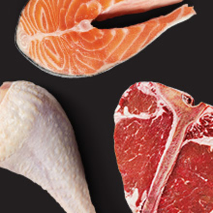 Raw chicken, salmon and beef