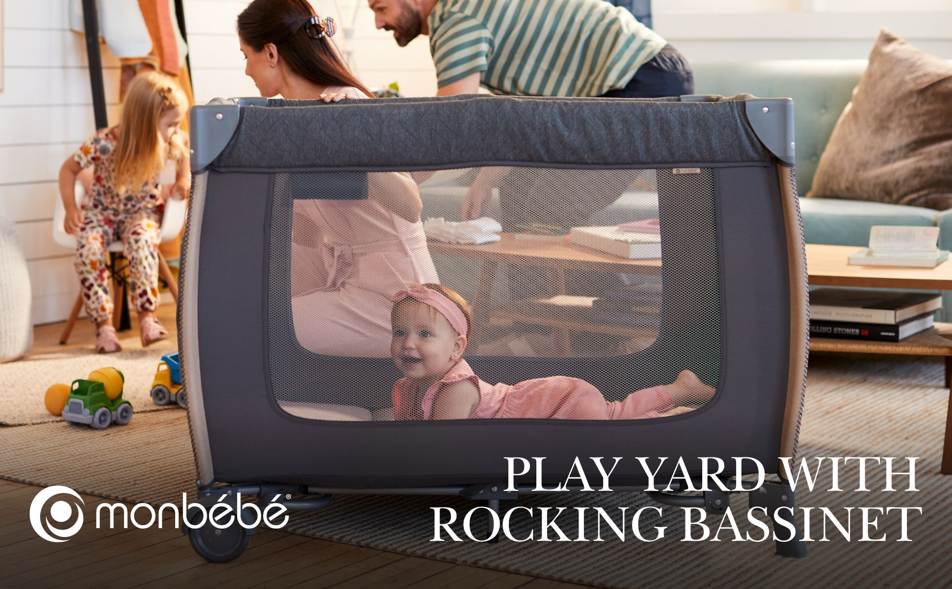 Monbebe Play Yard with Full Size Rocking Bassinet, Castle
