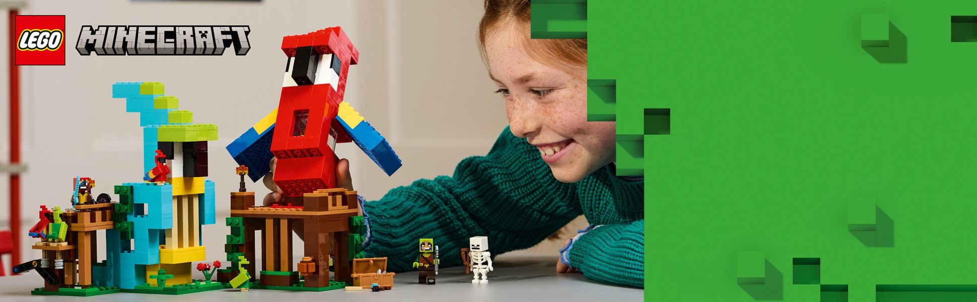 Kids journey into the jungle biome to build 2 parrot-shaped houses bursting with play-and-display possibilities.