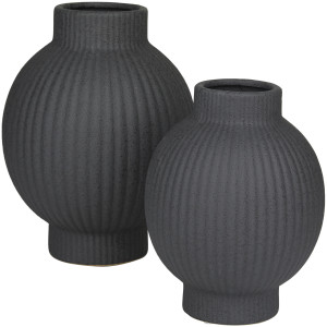 Black Ribbed Ceramic Decorative Vase (Set of 2)