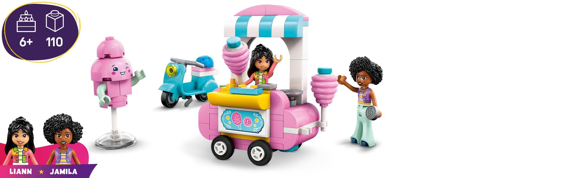 The set lets kids tell the friendship story of Liann and Jamila as they serve and buy cotton candy treats to enjoy together.