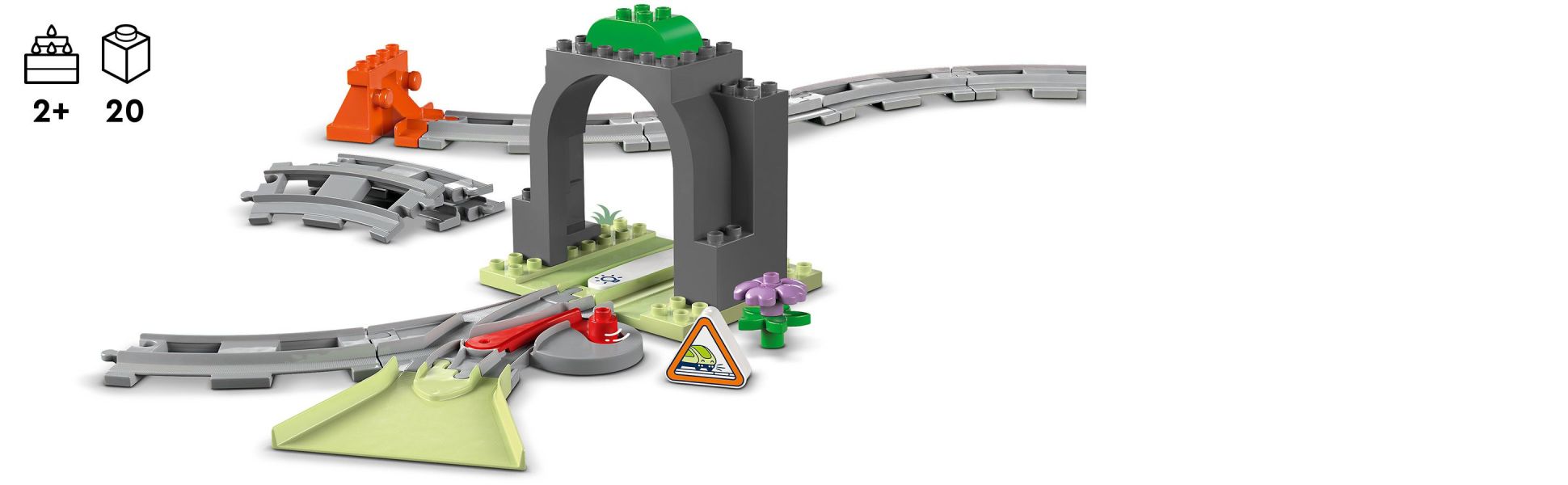 A tunnel, 10 track pieces, a funnel element and a 2-way points switch piece to add to existing sets (sold separately).
