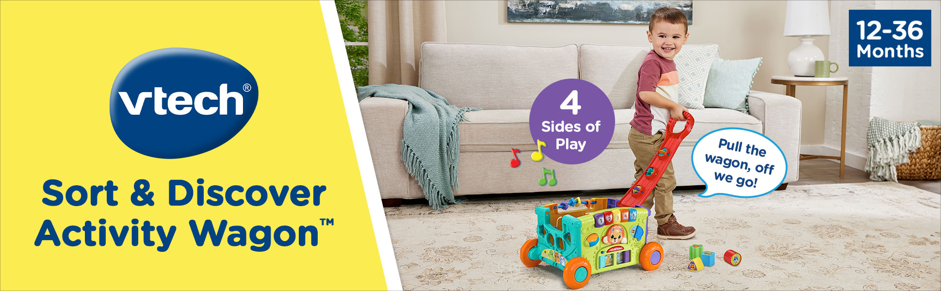 VTech Sort & Discover Activity Wagon. 4 Sides of Play! Pull the wagon, off we go! 12-36 months.