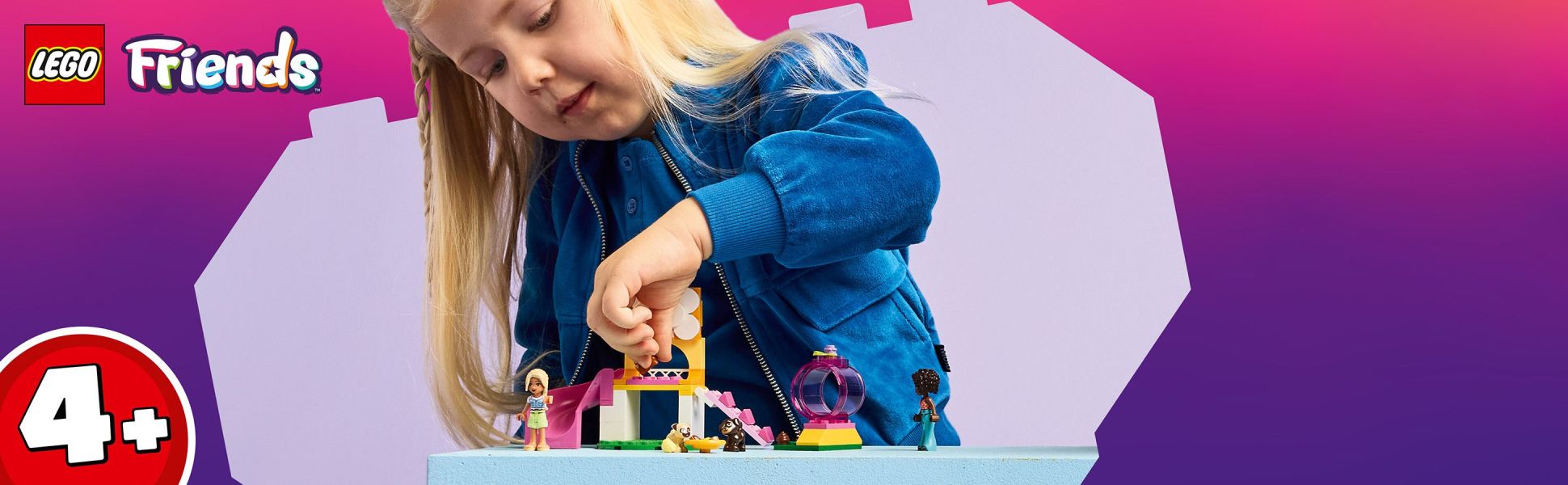 Give little animal lovers a fun treat as they build a puppy playground then have fun creating friendship stories for the 2 minidolls and 3 dog figures.