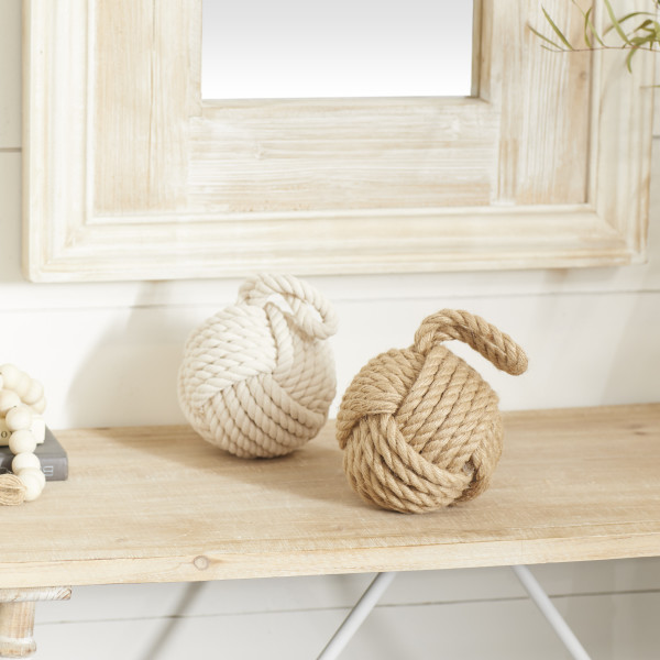 DecMode Jute Coastal Twisted Patterned Knot Sculpture Set of 2 7W x 14H,  with Brown and White Finish