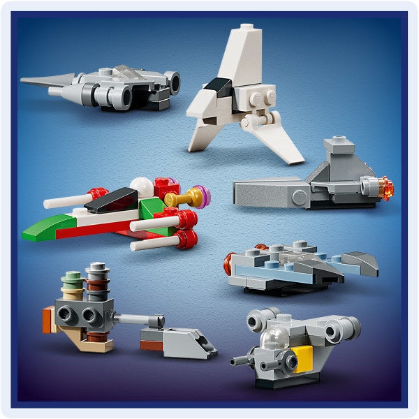 Includes an X-wing in festive colors and The Razor Crest for action play.