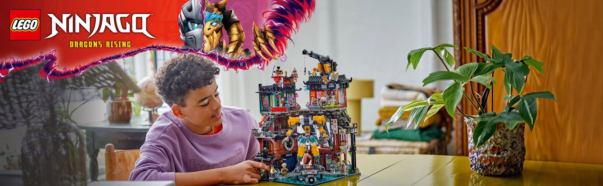 4-floor NINJAGO City Workshops playset packed with cool features including 2 working cranes, 10 minifigures and a mech toy.