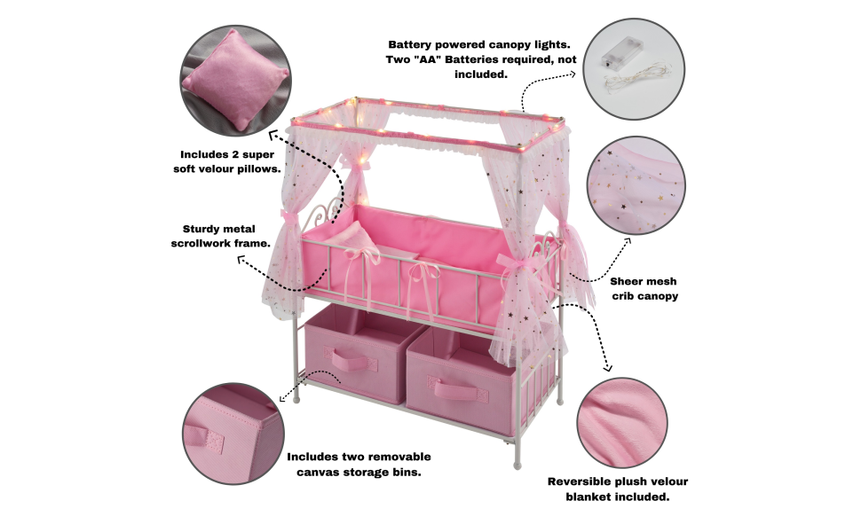 Starlights LED Canopy Metal Doll Bed with Bedding - Pink - Badger Basket