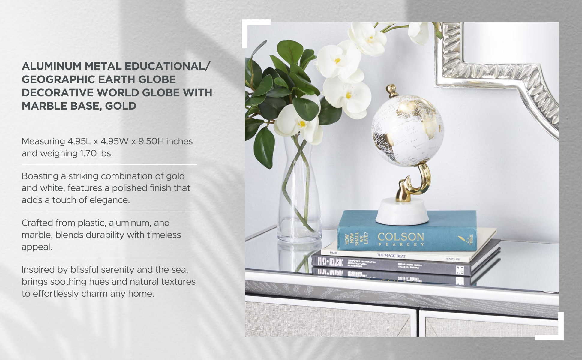 Litton Lane 10 in. Gold Aluminum Decorative Globe with Marble Base