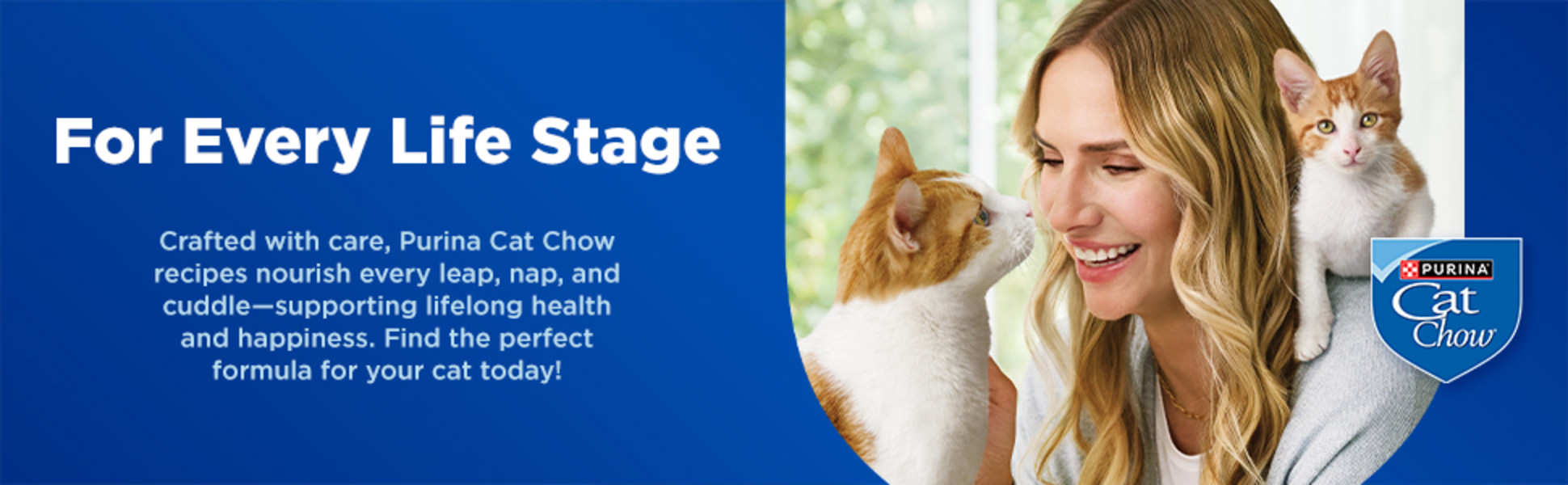 A woman with long, wavy blonde hair is holding two orange-and-white cats. One cat is perched on her shoulder looking toward the camera, while the other reaches up toward her with its nose close to her nose. The scene has a soft, bright background, and a blue Purina Cat Chow shield logo appears on the right side.