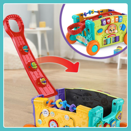 Arrow illustrates how wagon handle folds for easy storage.