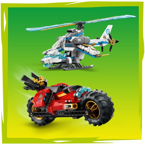 Motorcycle with moving wheels and a helicopter toy.