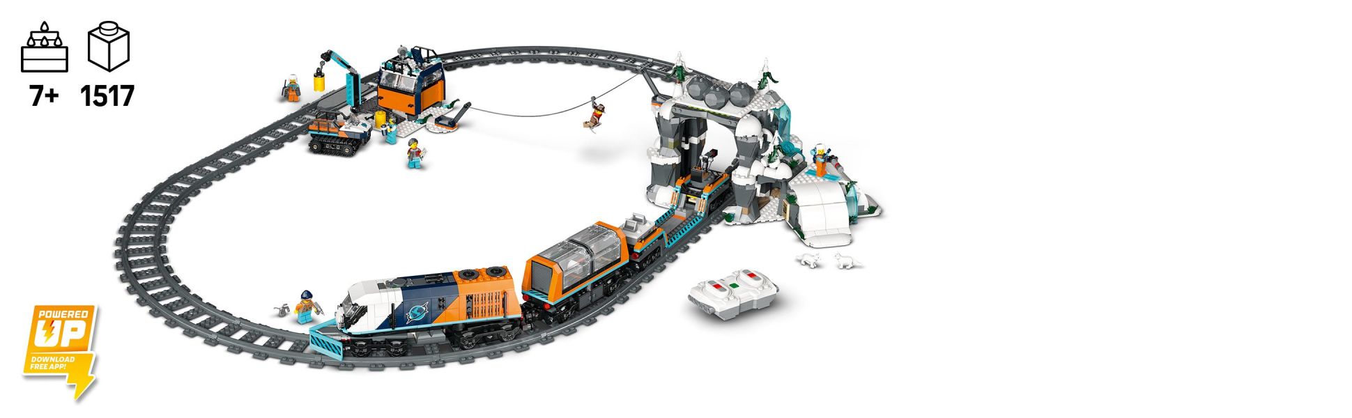 Kids can operate the model train with the remote control or a smart device equipped with the LEGO Powered Up app.
