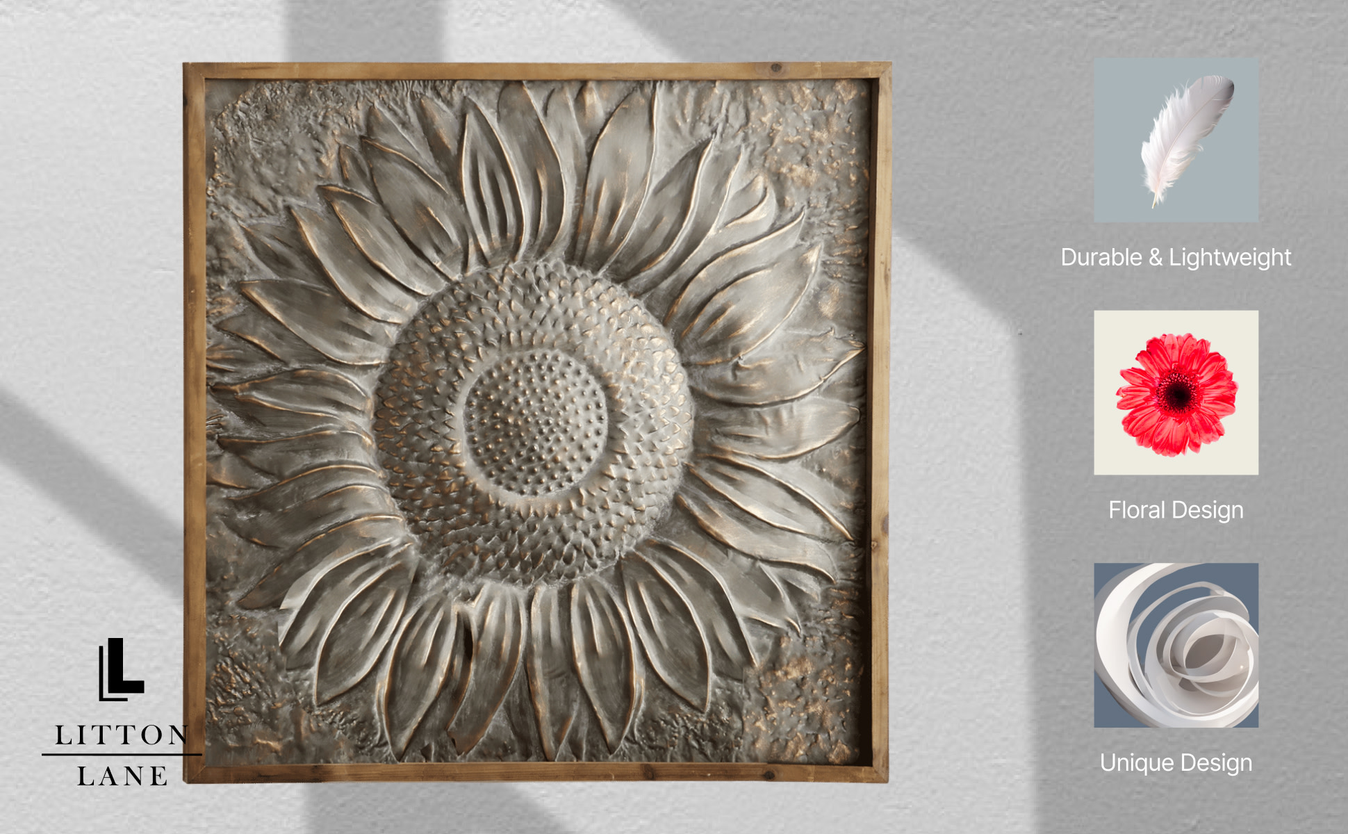 Litton Lane Metal Gray Sunflower Floral Wall Decor with Embossed