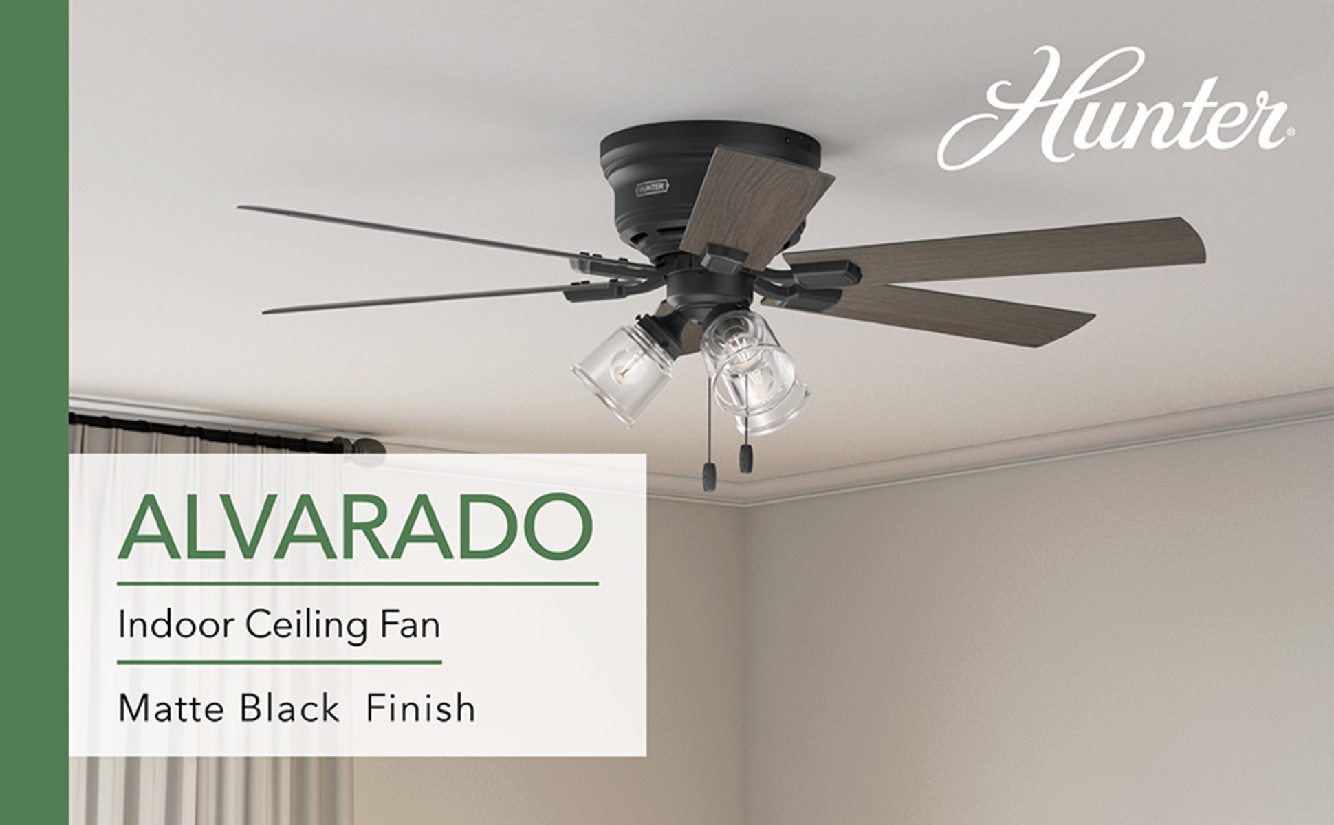 Hunter Shady Grove 52 Inch Ceiling Fan With LED Light - Matte Black Low Profile Flush Mount Fan