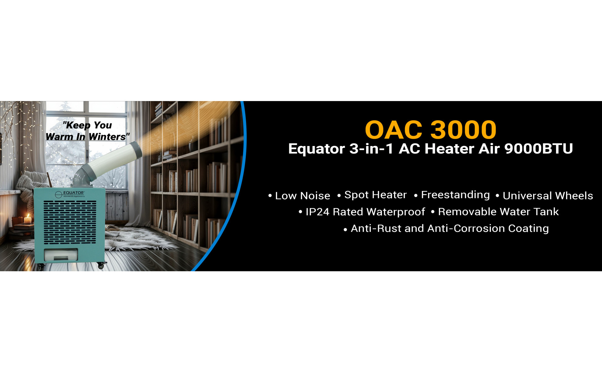 Year-round, create the ideal environment in any outdoor space with the Equator 9000 BTU/110V Silver Outdoor Air Conditioner Freestanding + Weatherized. Boasting the ability to withstand a wide range of temperatures — from 23°F to 131°F — enjoy peace of mind in knowing that this unit is built to run in any conditions. The Outdoor Air Conditioner measures 22.3 x 18.9 x 11 (HxWxD in inches), making it easy to place outside of tiny homes, RVs, off-grid homes, and other compact spaces. It has a cooling capacity of 9000 BTU, and a heating capacity of 6200 BTU. This model uses an R410A refrigerant, and has an air volume of 230m³/h. Powering the OAC 3000 Outdoor Air Conditioner is a built-in, energy efficient compressor. Never worry about water damage with its IP24 Rated Waterproof feature. The removable water tank is easy to clean. . It is also equipped with an evaporator, all metal design, anti-rust and anti-corrosion coating, waterproof electrical parts, universal wheels, and an easy-to-operate on/off switch.
