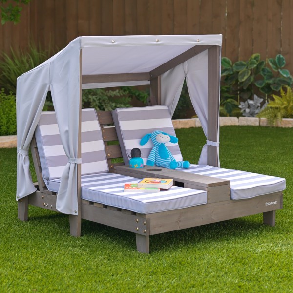 KidKraft Wooden Outdoor Double Chaise Lounge with Cup Holders, Kid's  Furniture, Gray