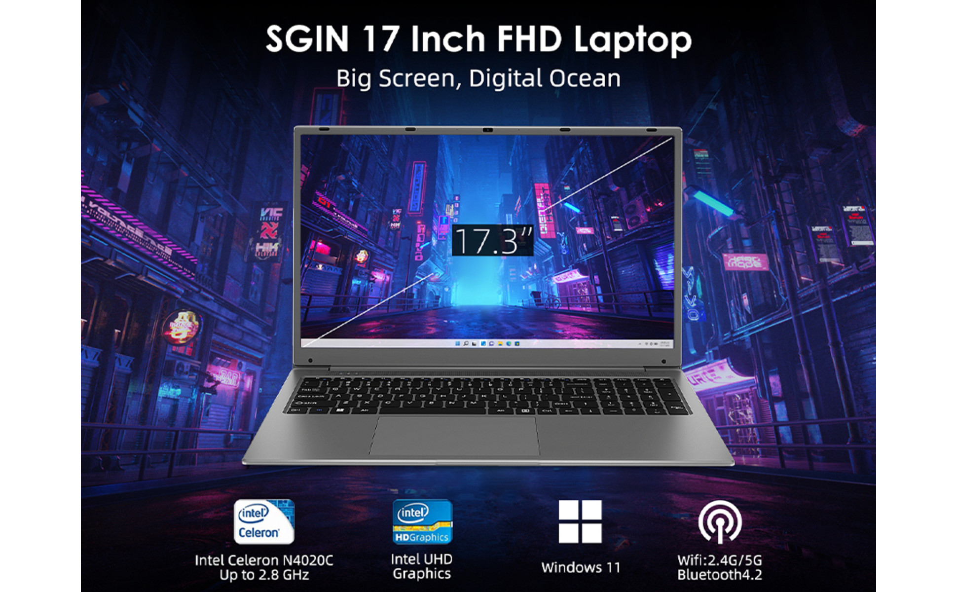 SGIN 17in 8GB DDR4 256GB ROM Windows 11 Laptop IPS 1920 x 1080 FHD 4-Core  Intel Celeron, Mini HDMI 