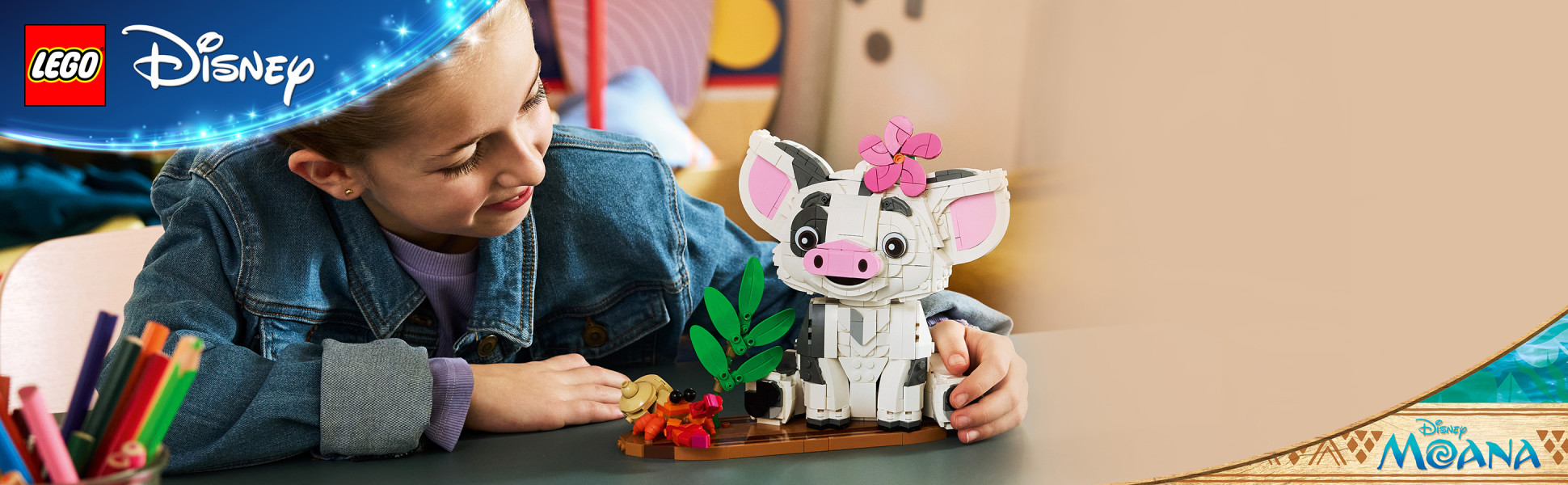 Kids can embark on a creative adventure with a cute, brick-built version of Pua the pig in this LEGO | Disney building toy.