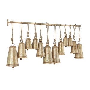 Litton Lane Gold Metal Tibetan Inspired Narrow Cone Decorative Cow Bell  with Jute Hanging Rope and Rod 042593 - The Home Depot