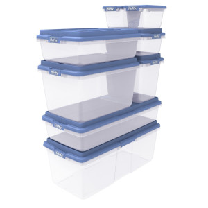 Hefty 18 Qt. Clear Plastic Storage Bin with Blue HI-Rise Lid, 8 Pack