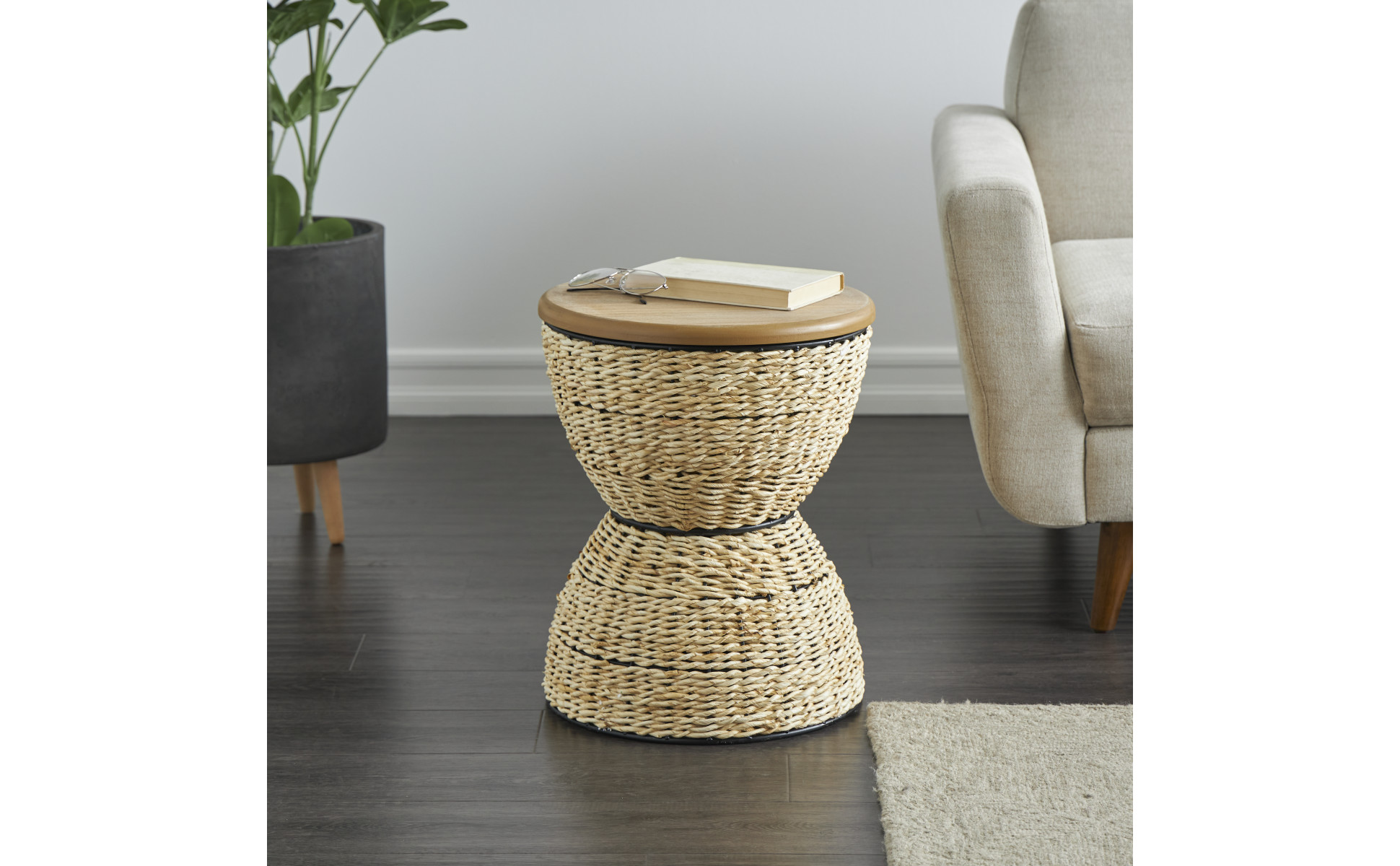 Litton Lane 19 in. Brown Handmade Rattan Woven Stool with Wood