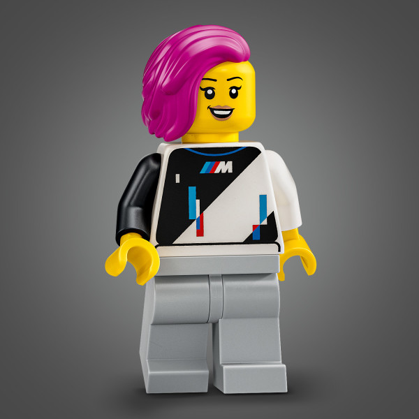 Minifigure in a BMW M outfit with a wig.