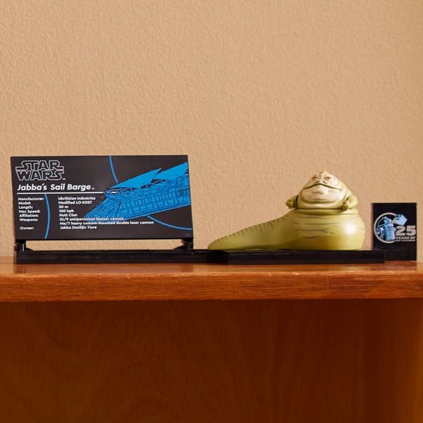Display the Jabba the Hutt LEGO figure on the stand.