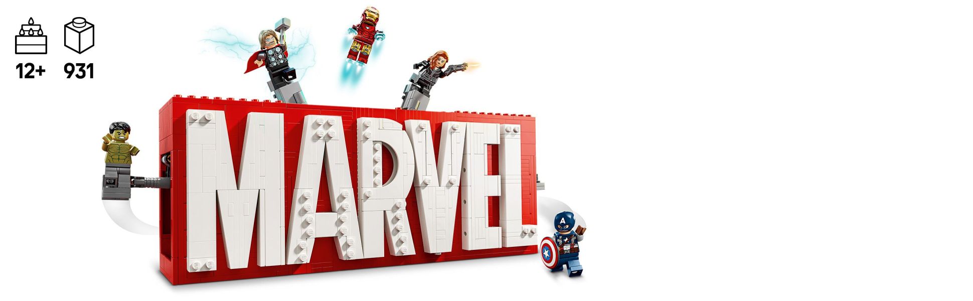 3 separate buttons on the top of the buildable MARVEL model cause the 5 minifigures to burst out of the logo and into view.
