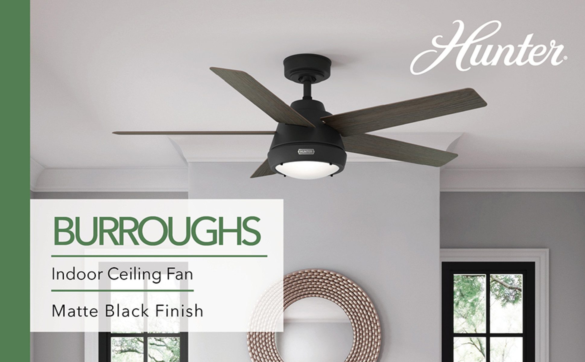 Hunter 44" Indoor Ceiling Fan With LED Light - Matte Black Modern Fan For Bedroom & Living Room