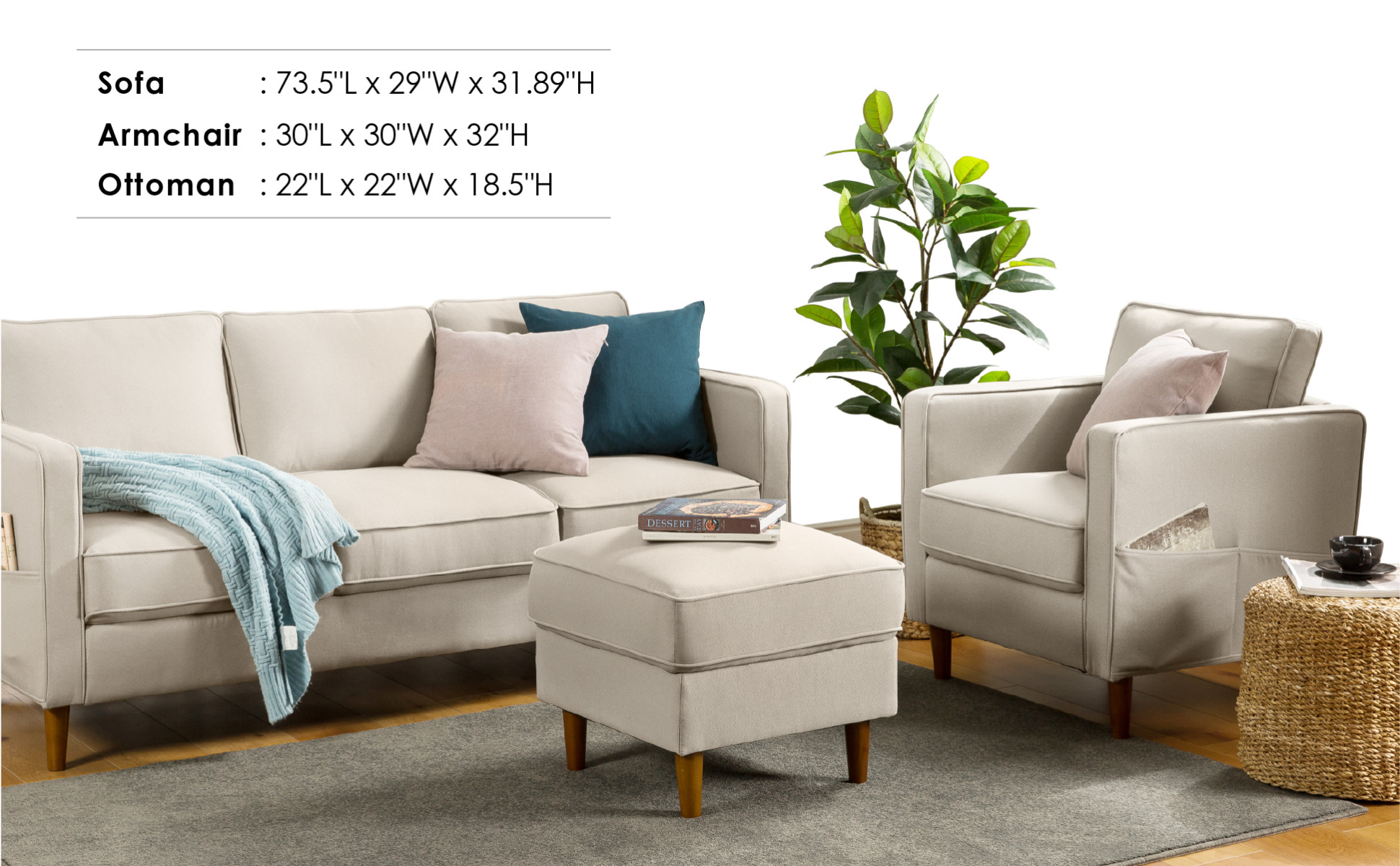Mellow Hana Modern Fabric Ottoman, Sand Grey Beige - Walmart.com
