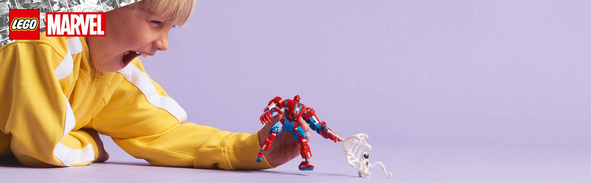 Kids create web-slinging adventures on a grand scale with this supersized, posable Spider-Man mech and minifigures playset.