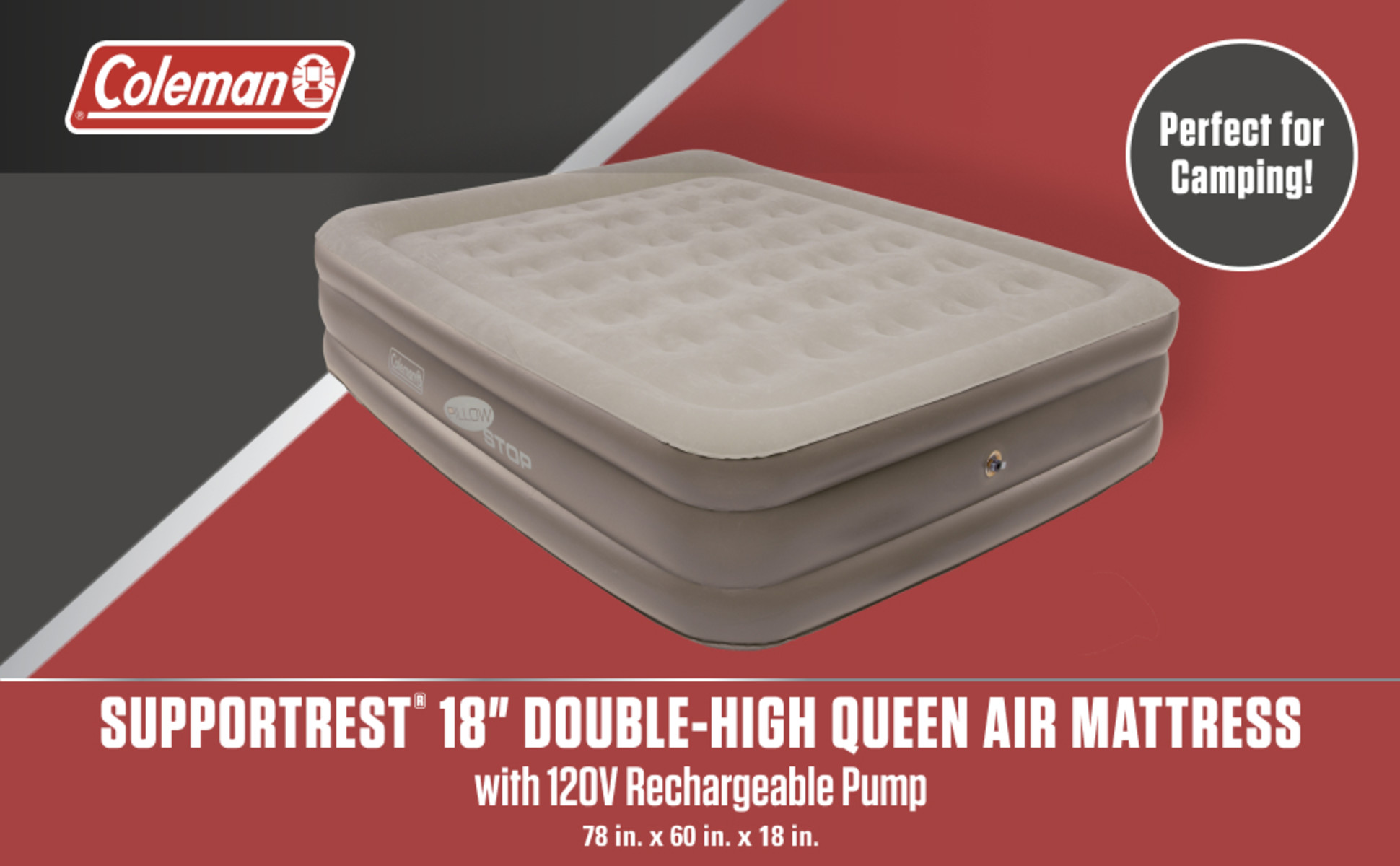 Coleman Double High Airbed, 18in Raised Queen Size, with