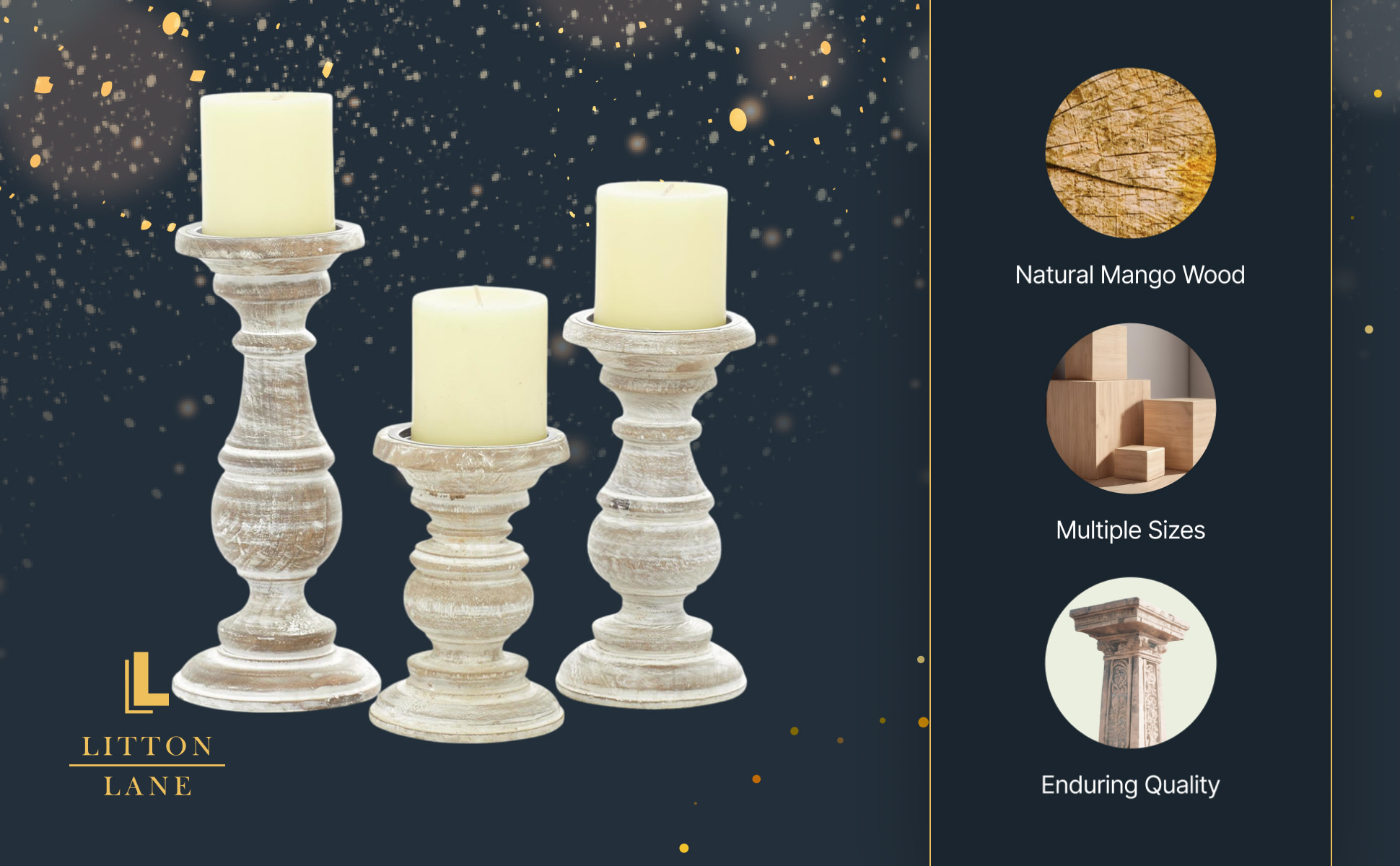 Set Of 3 Mango Wood Candle Holders - Cream Pillar Stands, 6\" 8\" 10\" Heights - View #3