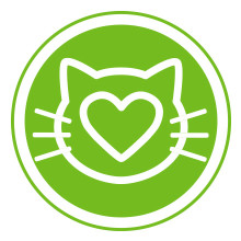 A green circle features a white line drawing of a cat head with a heart in the center.