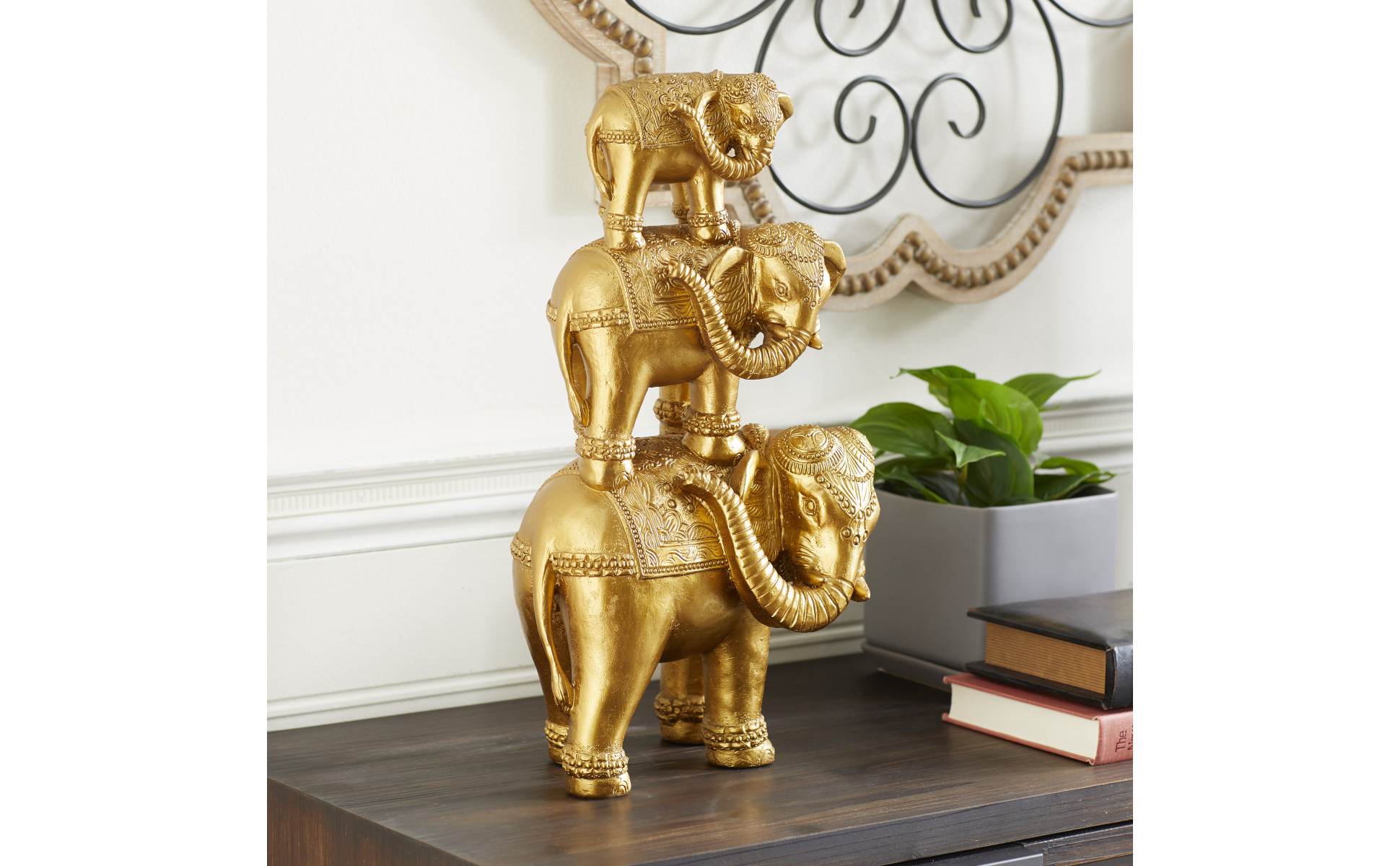Litton Lane 6 in. x 18 in. Gold Polystone Stacked Elephant