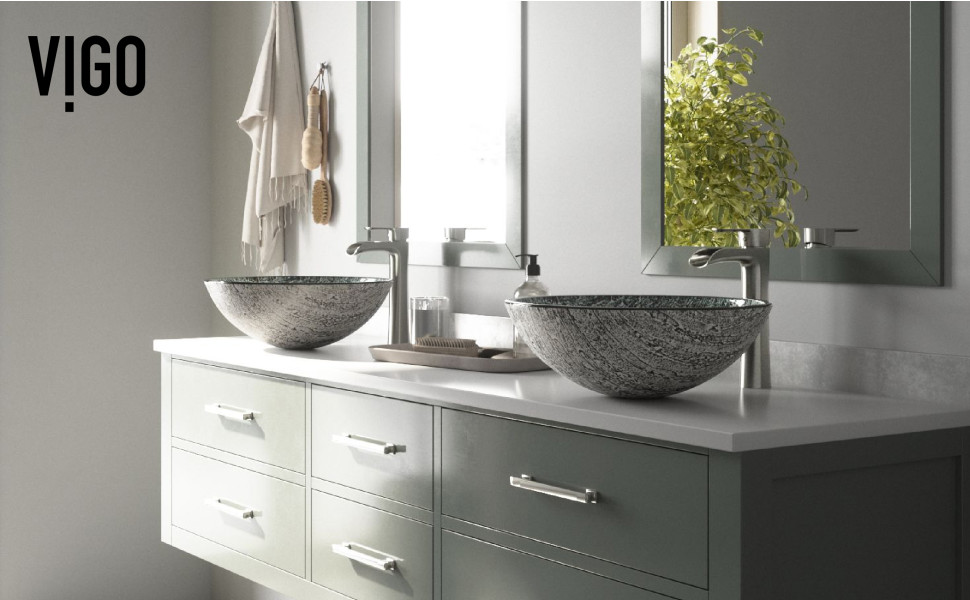 Glass Round Vessel Bathroom Sink in Onyx Gray with Niko Faucet and Pop-Up  Drain in Brushed Nickel