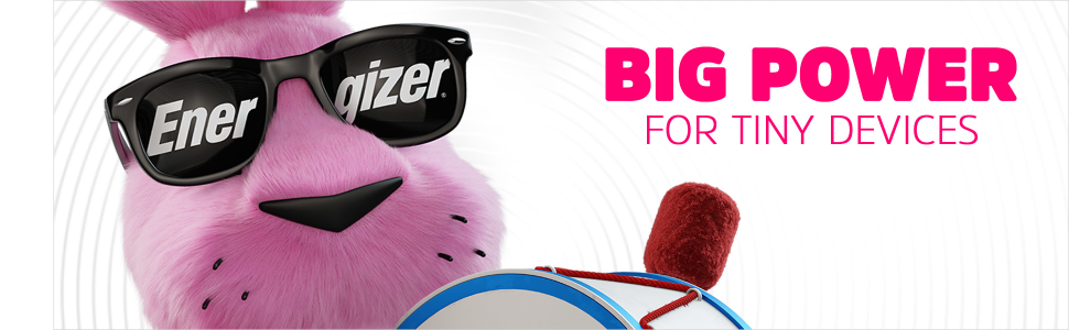 Closeup image of the pink Energizer Bunny wearing black sunglasses that say Energizer on them.