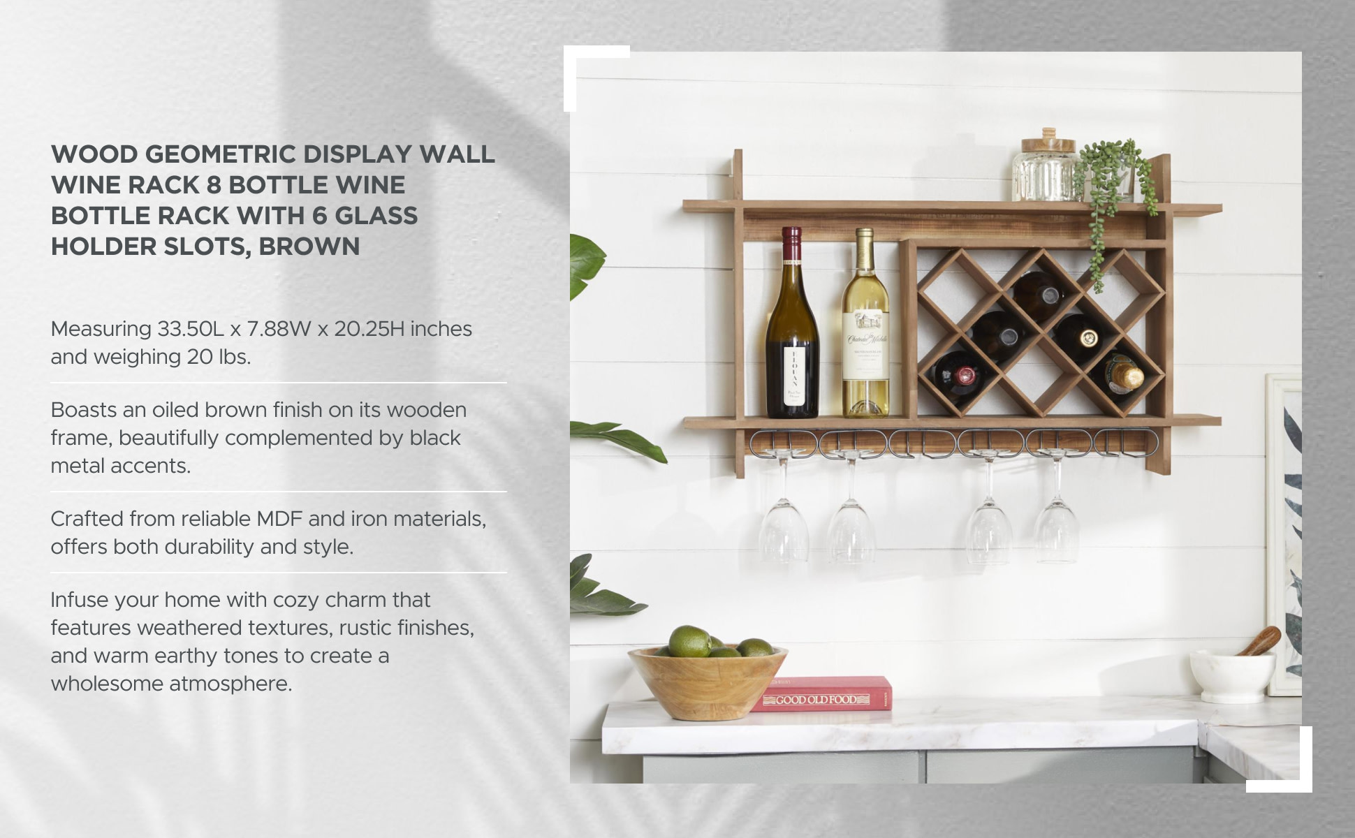 Litton Lane 9- Bottle Brown Geometric Wall Wine Rack with Glass