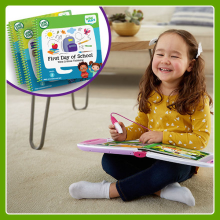 Boy uses stylus to select colorful letters in book. Inset shows a few advanced level 2 books.