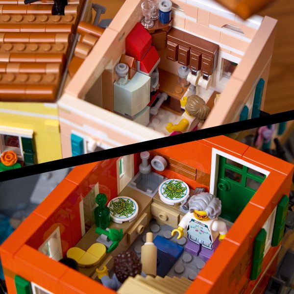 Lift off the roofs and upper stories to view the interiors.