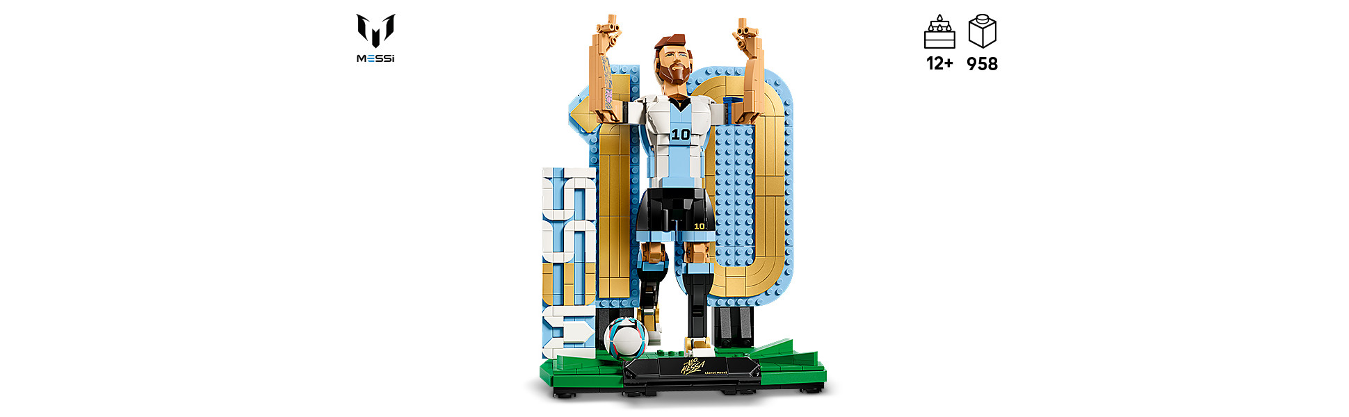 Assemble the Lionel Messi figure in his signature victory pose or in a dynamic running pose that shows him dribbling a ball.