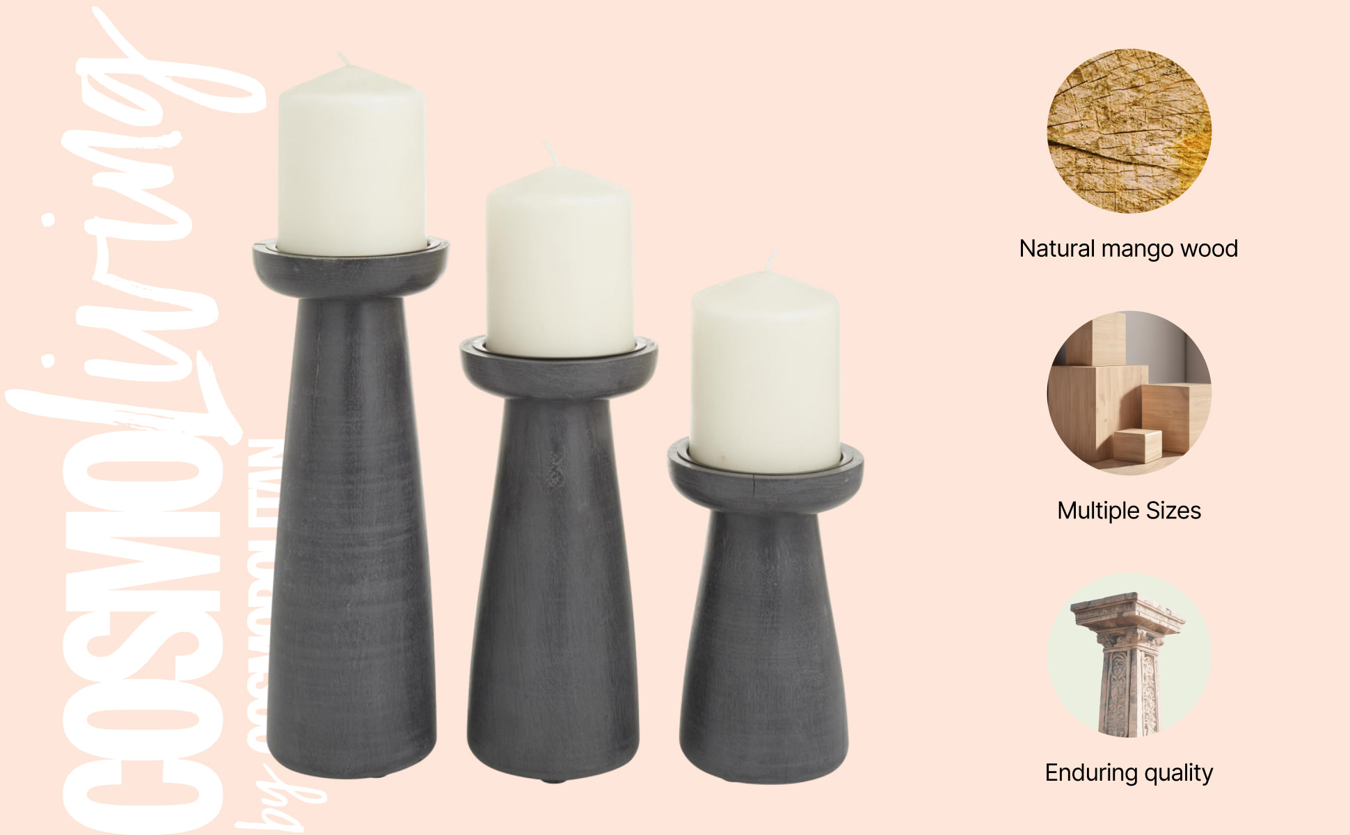 CosmoLiving by Cosmopolitan Dark Gray Mango Wood Pillar Candle