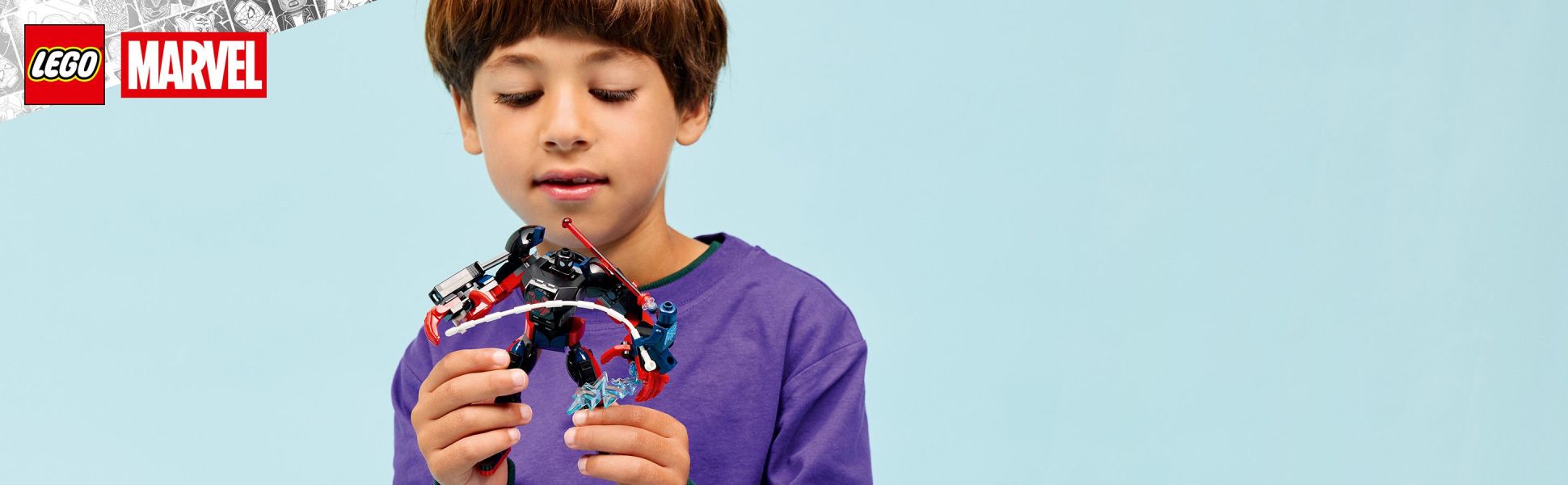 Supersized, Super Hero action in a small treat for kids, featuring Miles Morales, Spider-Man 2099 and a fully jointed mech.