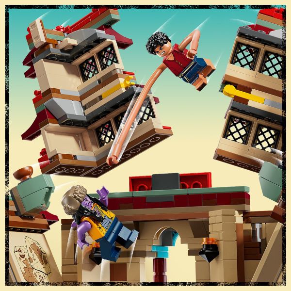 The Luffy minifigure comes with arm-lengthening pieces.