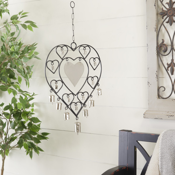 Litton Lane 22 in. Silver Metal Heart Windchime with Bells and Chain Ring  Hanger 042121 - The Home Depot